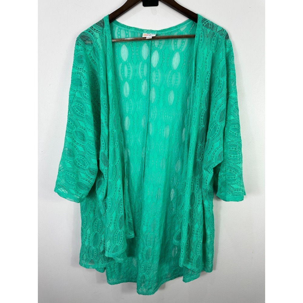 LuLaRoe  Joy Long Lace Cardigan L‎ Green Open Front Duster Boho Festival Resort
